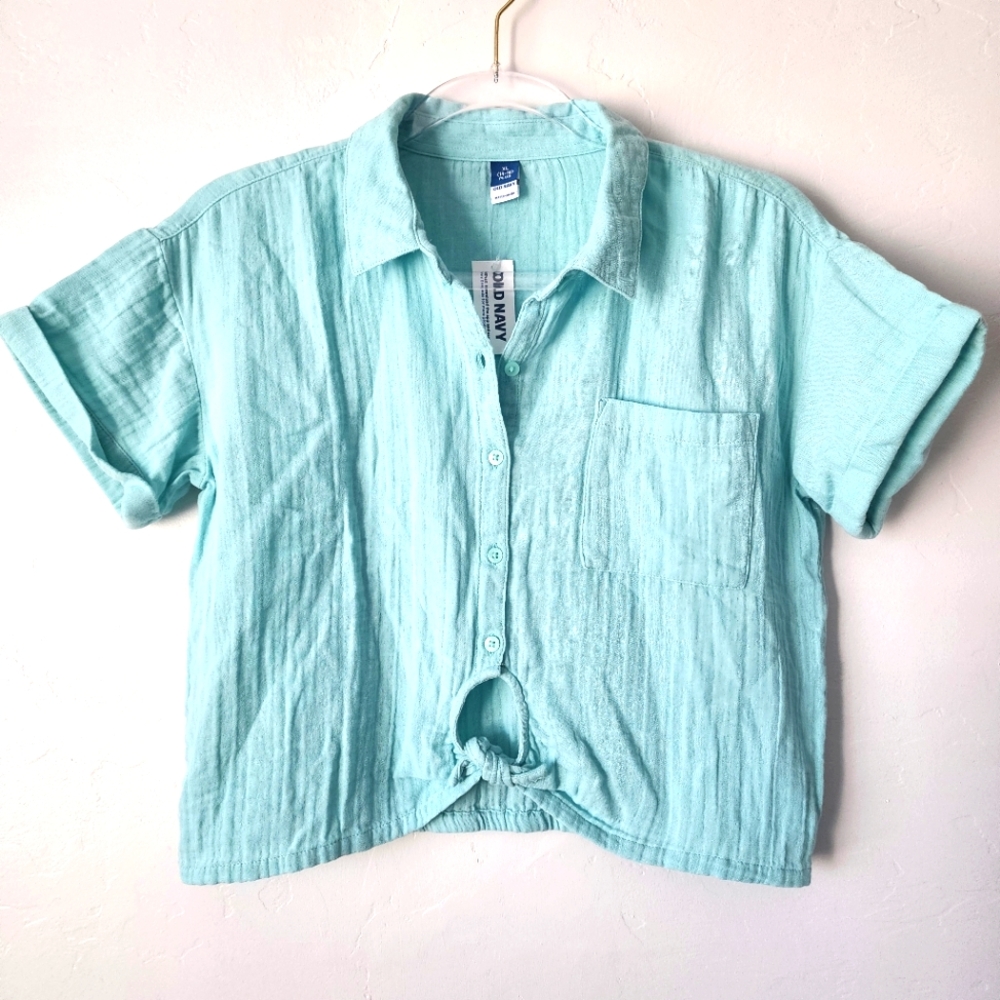 Old Navy Girls Kids Tie Front Linen Blend Shirt Top Sz XL ( 14-16) Blue Turquois
